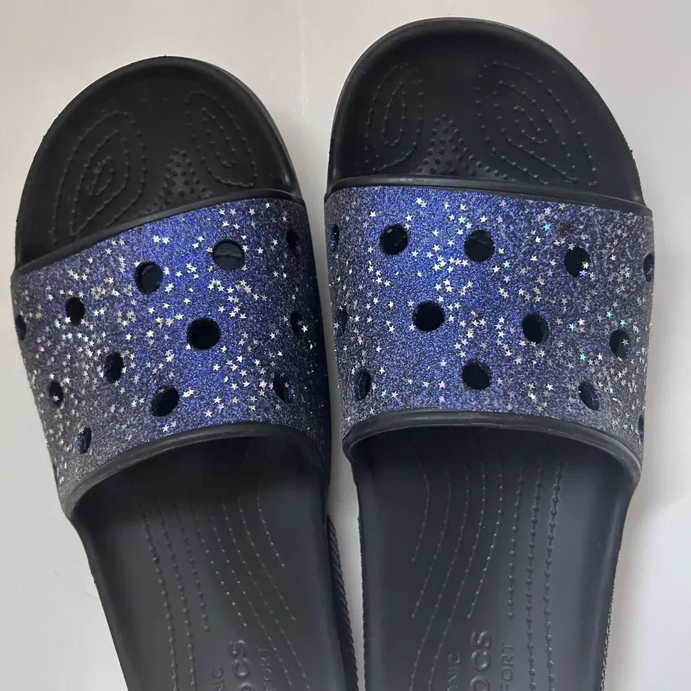 Crocs Iconic Comfort Glitter Star Slides Men’s M12 Black Purple Sparkle Sandals